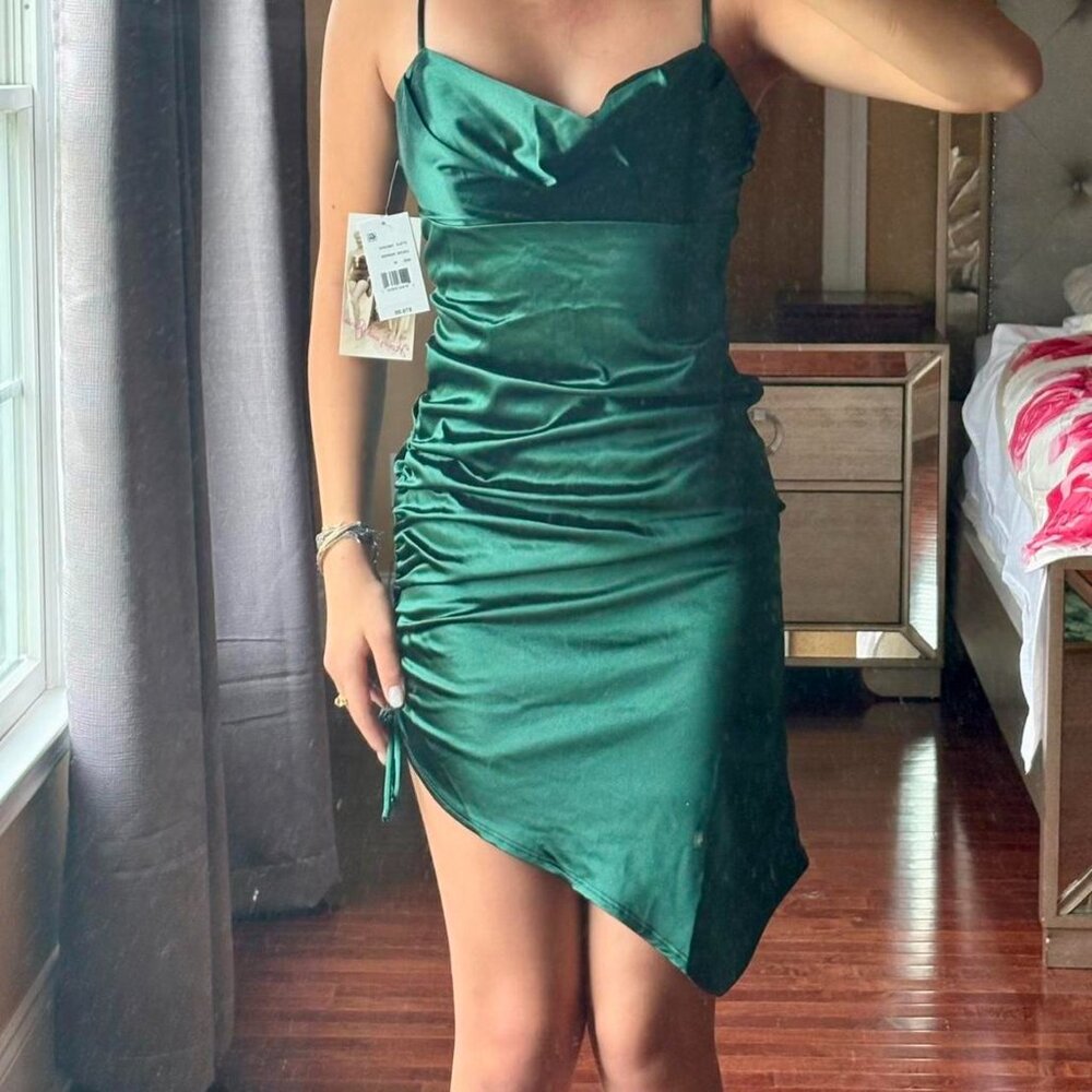 Honey and Rosie Cowl Neck Ruched Green Satin Dress